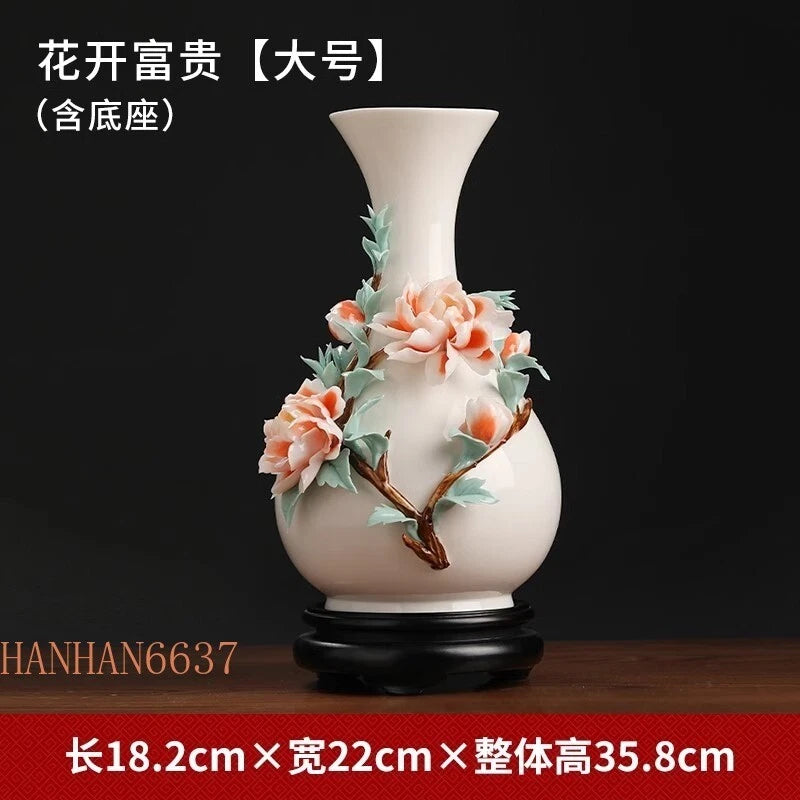 Handmade ceramic porcelain vase with painted peony flower design and dark base