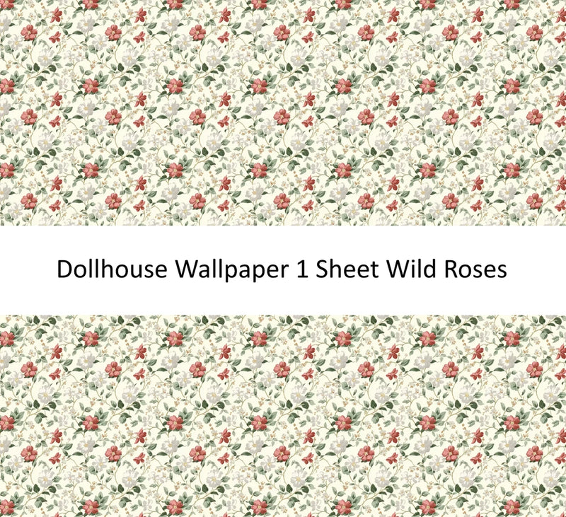 Dollhouse wallpaper sheet with wild roses and red floral sprigs, 1:12 scale