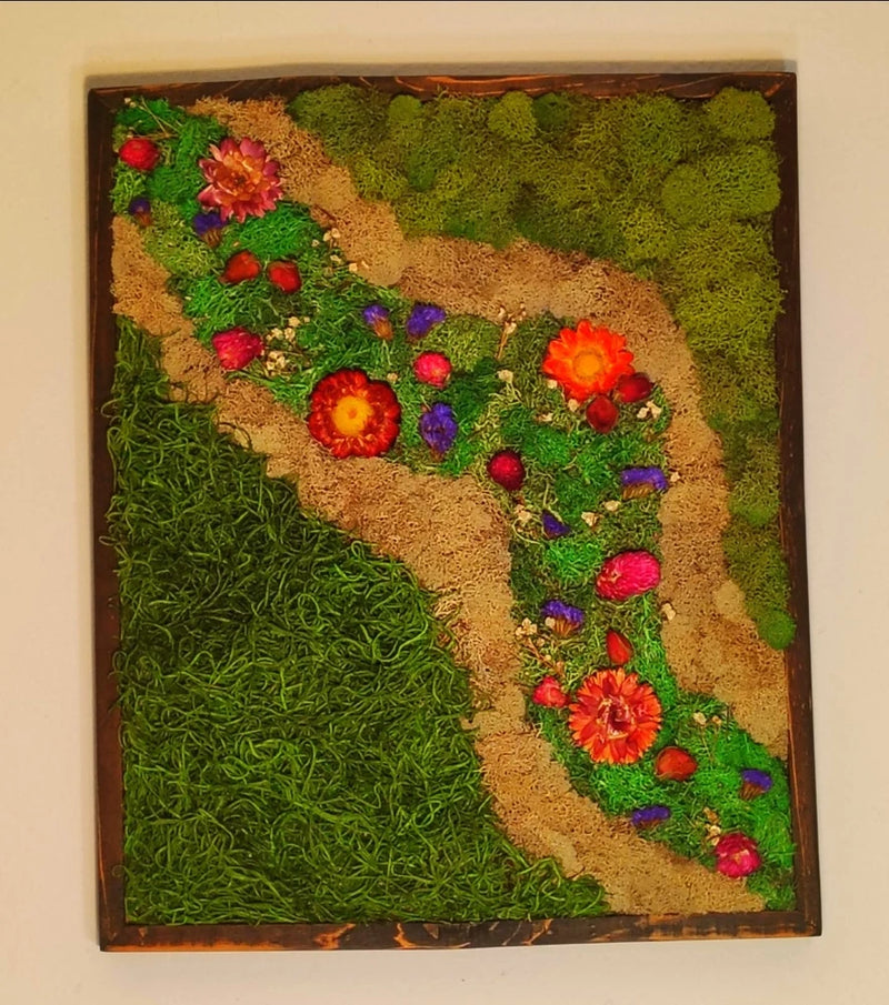 Artwork made with preserved moss, measuring 14.5 x 12 inches, in a wooden frame. Green Plant