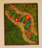 Artwork made with preserved moss, measuring 14.5 x 12 inches, in a wooden frame. Green Plant