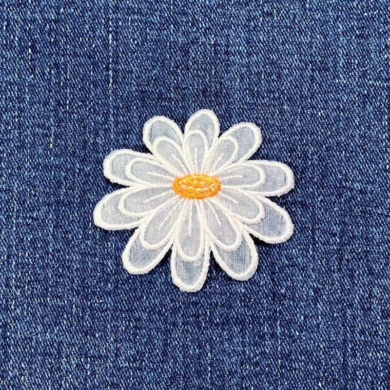 Daisy Flower Applique Patch - Embroidered & Layered White Organza Petals Badge Daisies