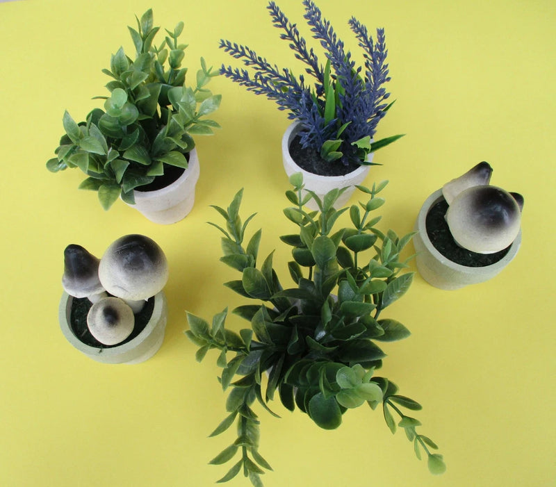 5 PLANTS IN POTS Artificial Small Fake home/office MUSHROOMS LAVENDAR GREENS Green Plant