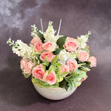 Pink Garden Rose Floral Arrangement Centerpiece Ceramic Pearl Bowl Home Decor Hydrangea