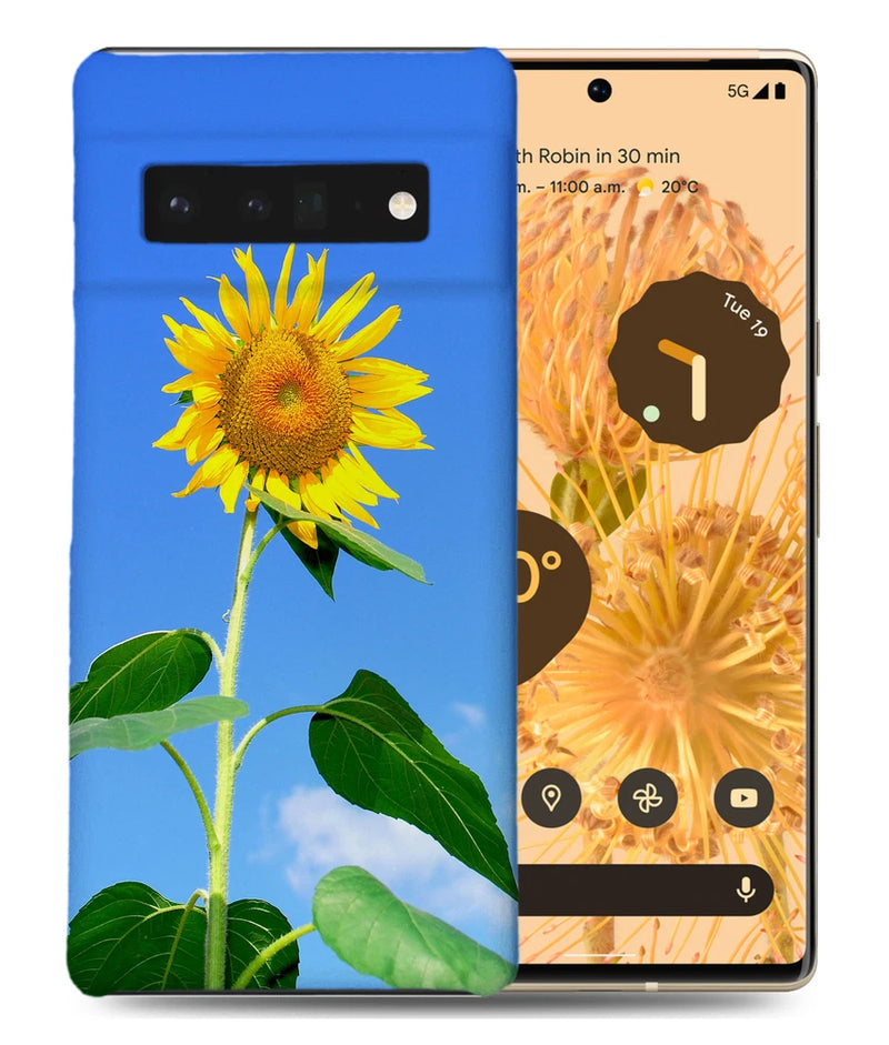 Google Pixel sunflower phone case cover with blue background and yellow flower