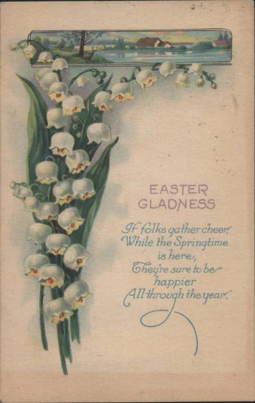Easter Flowers Lily Valley Bouquet with Springtime Landscape,Amsterdam NY 1921 M Lily