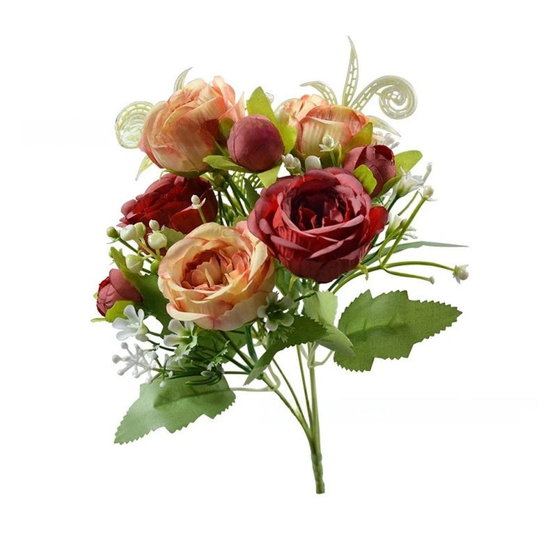 Artificial peony bouquet with red, peach, and cream flowers and green leaves, decorative stems