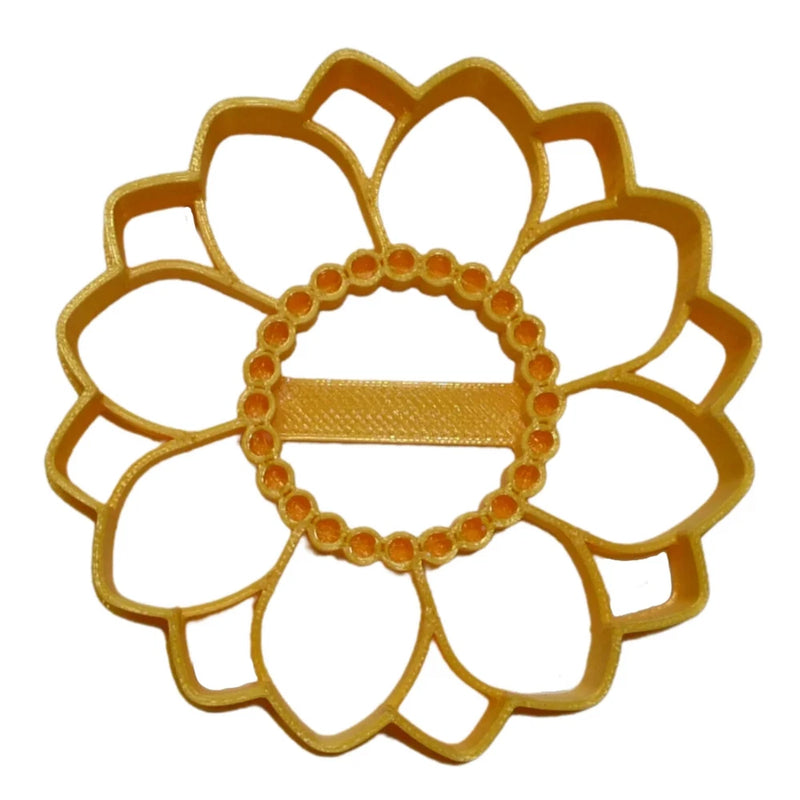 Sunflower-shaped cookie cutter with detailed petals and inner ring, small size