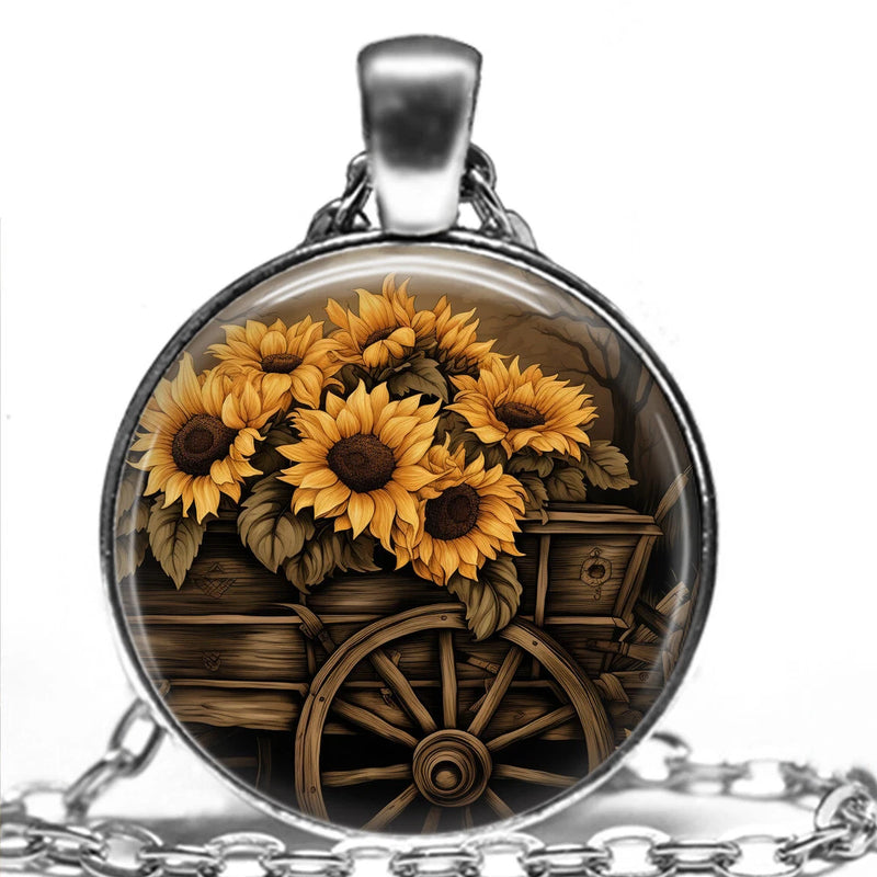 Fall Farm Harvest Sunflower Cart Pumpkins Nostalgic Thanksgiving Necklace 24" Sunflower