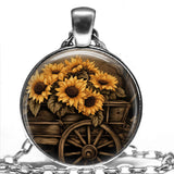 Fall Farm Harvest Sunflower Cart Pumpkins Nostalgic Thanksgiving Necklace 24" Sunflower