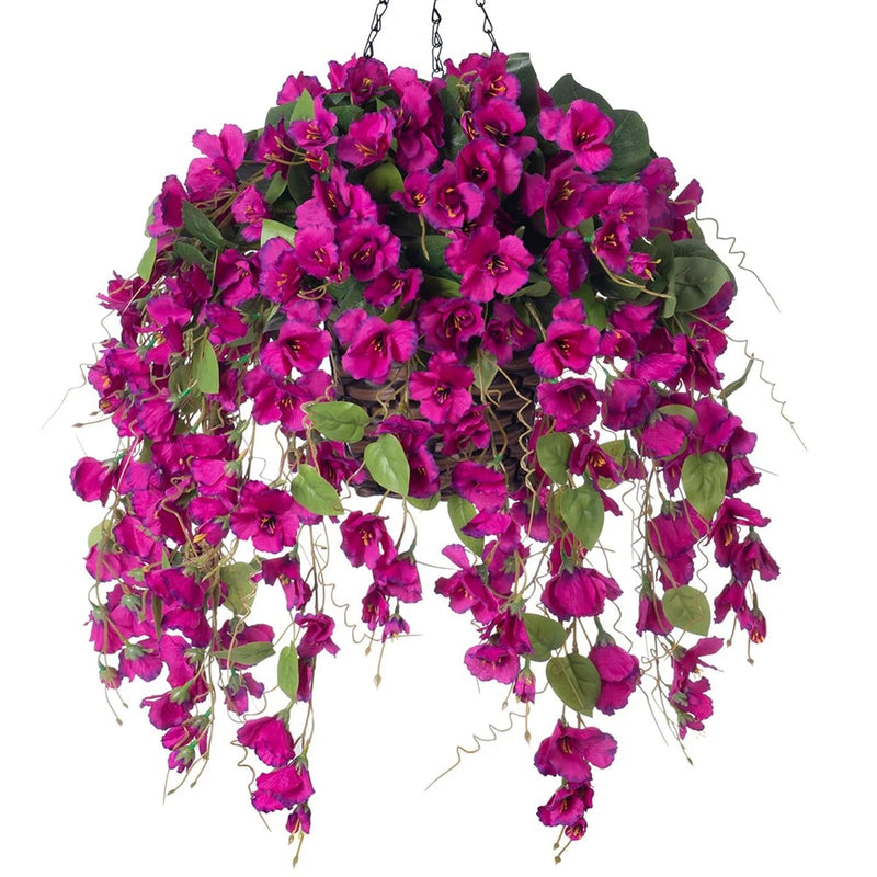 Artificial hanging hibiscus flower basket with bright magenta blooms and green leaves