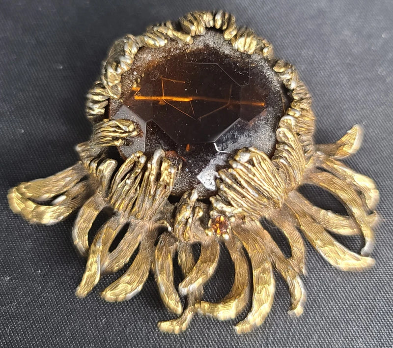 RARE Vintage Kramer Gold Tone Sunflower Brooch  Amber Colored Rhinestone Sunflower