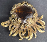 RARE Vintage Kramer Gold Tone Sunflower Brooch  Amber Colored Rhinestone Sunflower