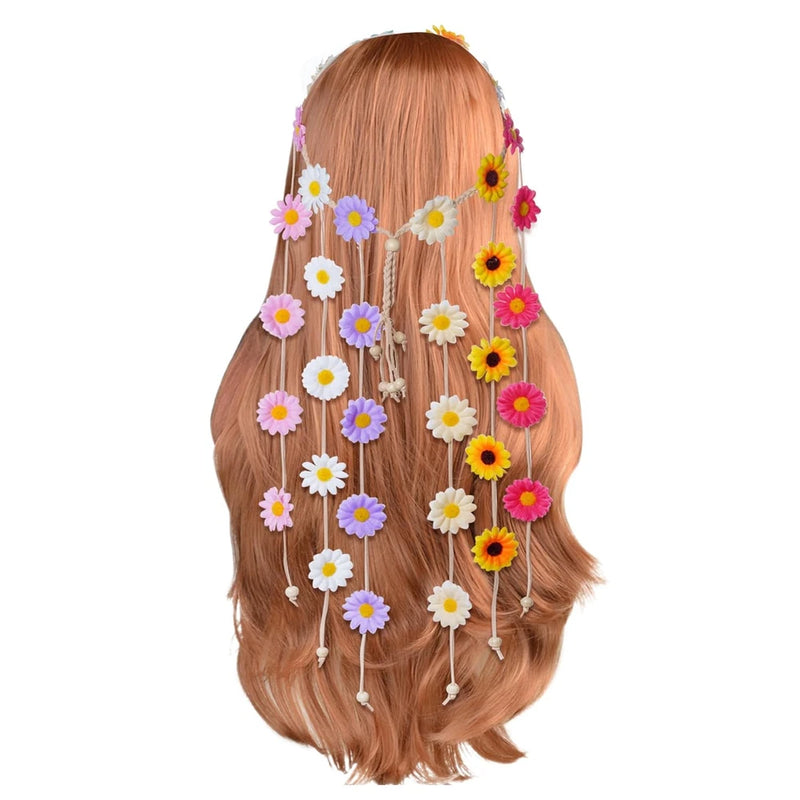 Floral crown headband with dangling white, pink, and yellow daisy flowers