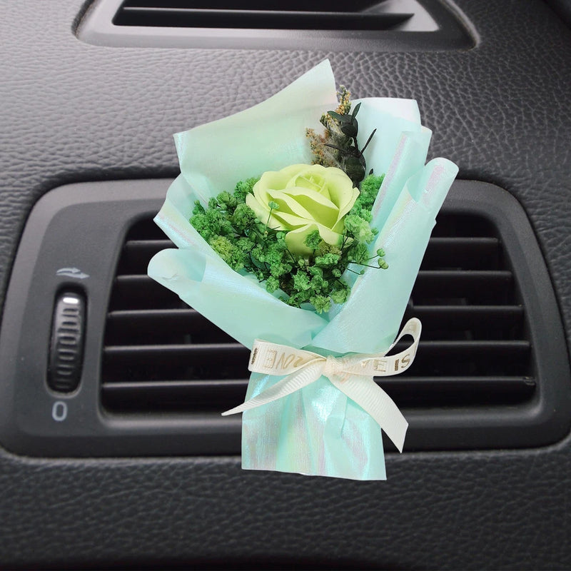 Light green dried flower bouquet car vent clip with ribbon bow