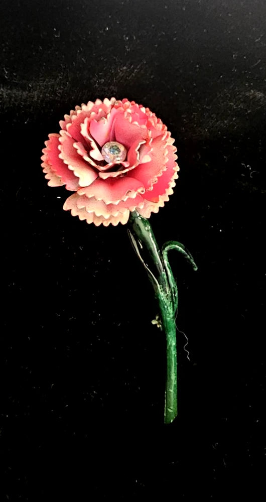 VTG Enamel Pink Carnation Flower Pin Brooch  Long Stem Carnation