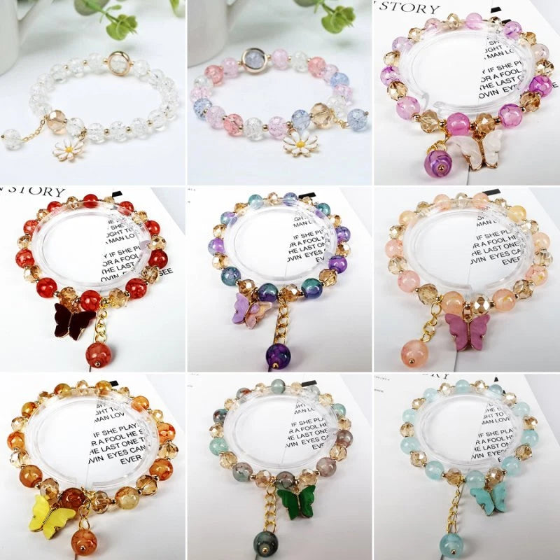 Sweet Crystal Beaded Daisy Butterfly Lucky Bracelet Elastic Bangle Women Gift Daisies
