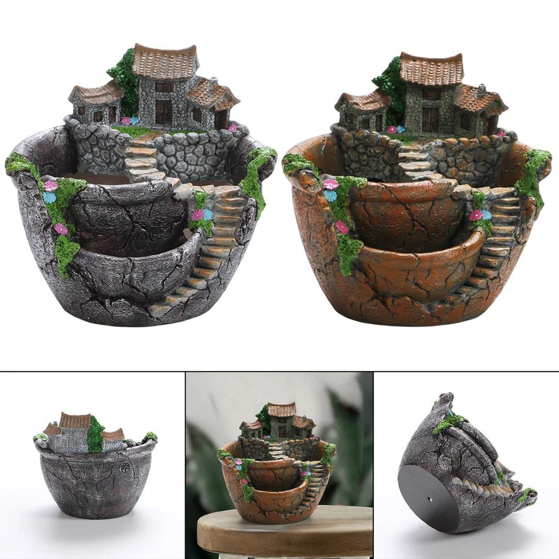 Decorative resin garden planter pot with stacked stone and house design, dark gray