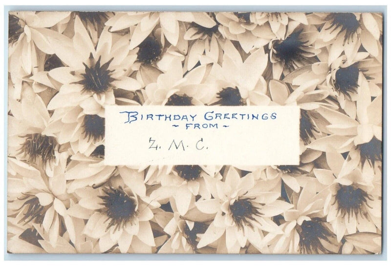 Vintage birthday greeting postcard with white water lily flowers and From note