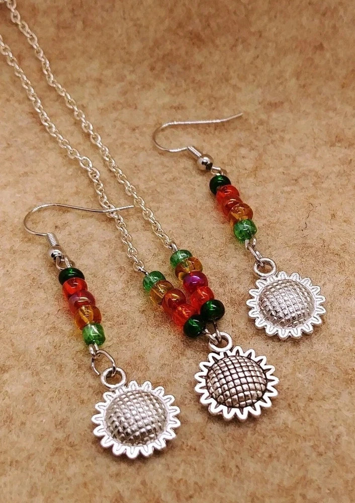 Handmade Sunflower Charm 20" Chain Necklace And 2" Dangle Earrings Set. Sunflower