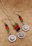 Handmade Sunflower Charm 20" Chain Necklace And 2" Dangle Earrings Set. Sunflower