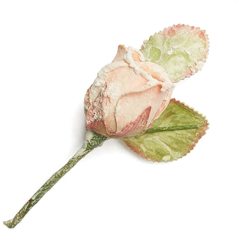 Artificial dried pink frosted rose bud pick with stem and green leaves