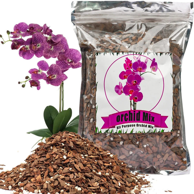 Orchid potting mix bag with bark and perlite, plus loose brown orchid bark pieces