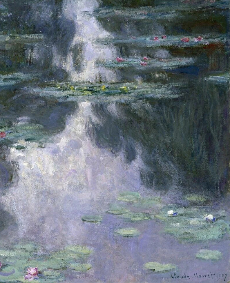 Claude Monet water lilies canvas print, soft blue-green pond with pink lilies