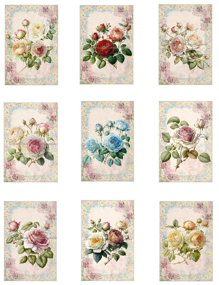 Cotton quilt blocks set with multi-color rose floral print, assorted square designs