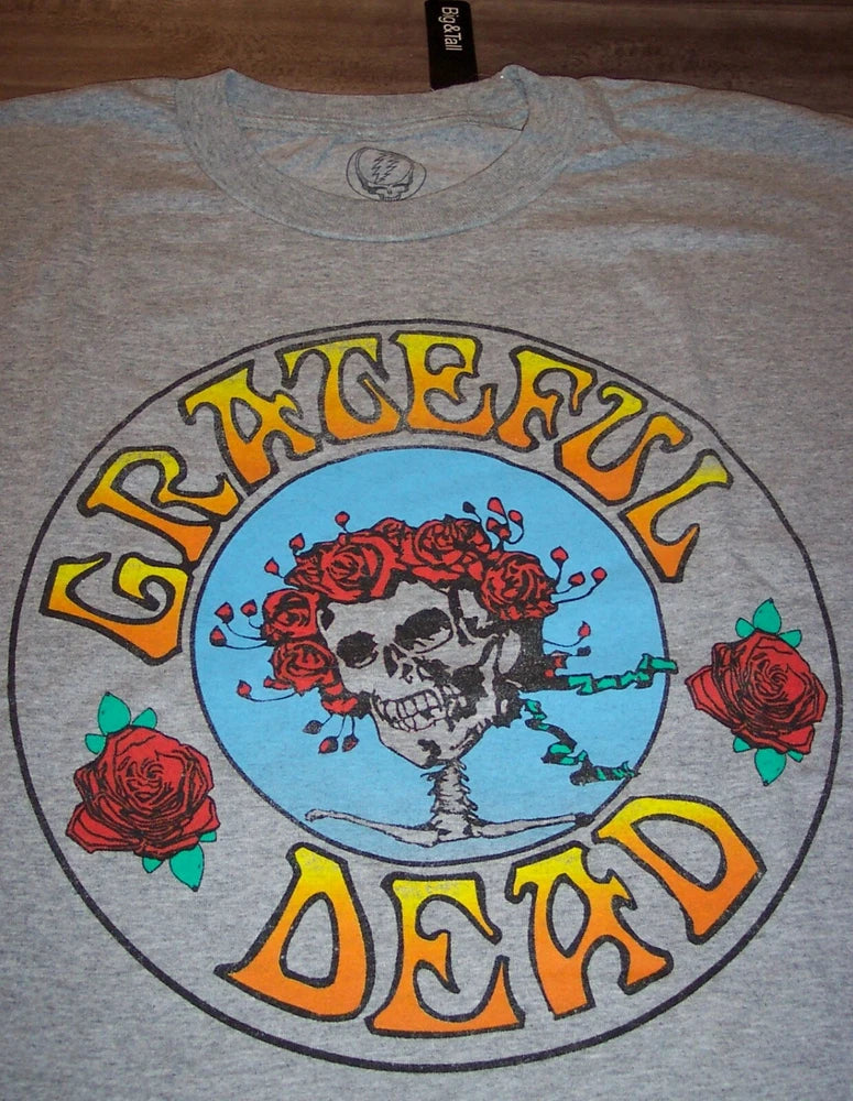 Heather gray graphic band T-shirt with skull, roses, and circular lettering
