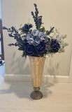 Artificial Blue Rose Hydrangea Flower Arrangement in Antique Gold Metal Vase Hydrangea
