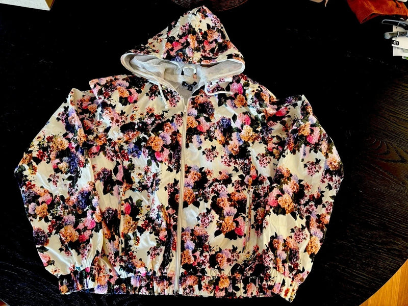 Women’s windbreaker rain jacket, floral hydrangea print, full-zip hood