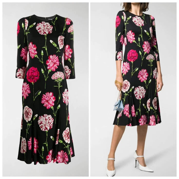 Dolce & Gabbana floral print dress, black with pink carnation blooms and 3/4 sleeves