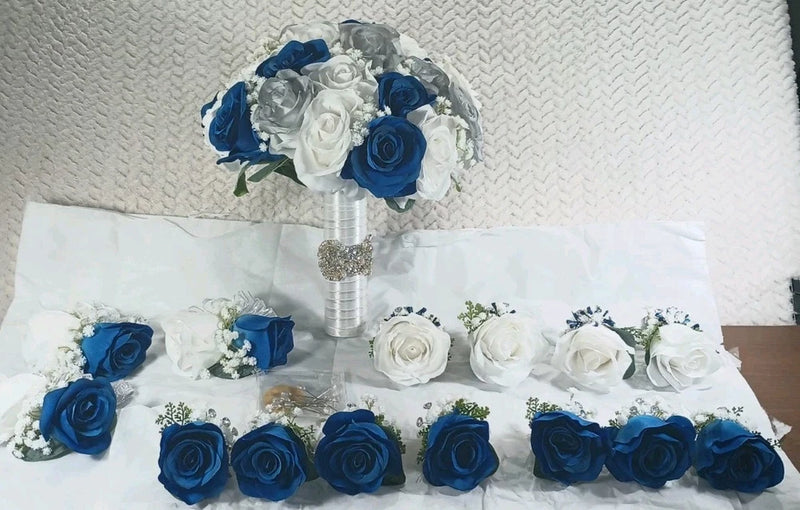 10" Wide Bridal Bush Bouquet & 14 Corsages 3 Double Rose Wrist 11 Chest * NEW * Bouquet