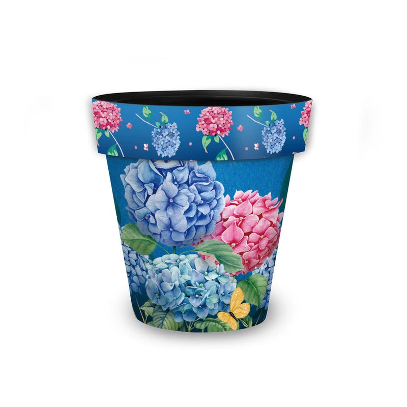 Colorful hydrangea small planter with blue, pink, and green floral print