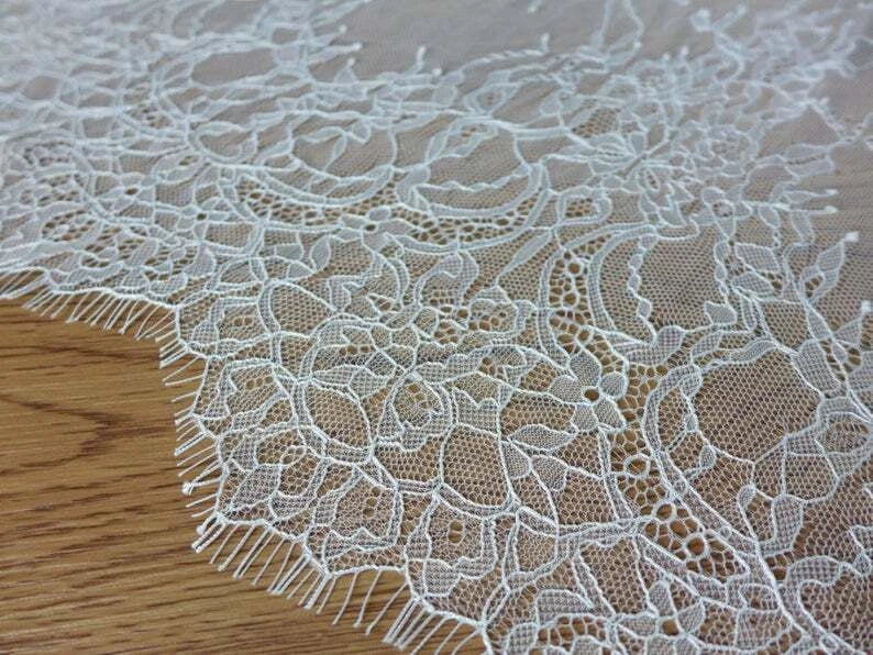 Soft White French Chantilly Lace Fabric Elegant Floral Wedding Fabric By Yard Flowering Plants