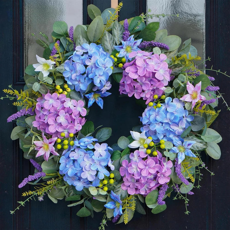 24 Inch Spring Wreath for Front Door - Blue & Purple Hydrangea Spring Door Wreat Hydrangea