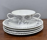 ROSENTHAL Rare 5 Pc Gray Floral Peony Flower Footed Cream Soup Bowl & Plates Peony