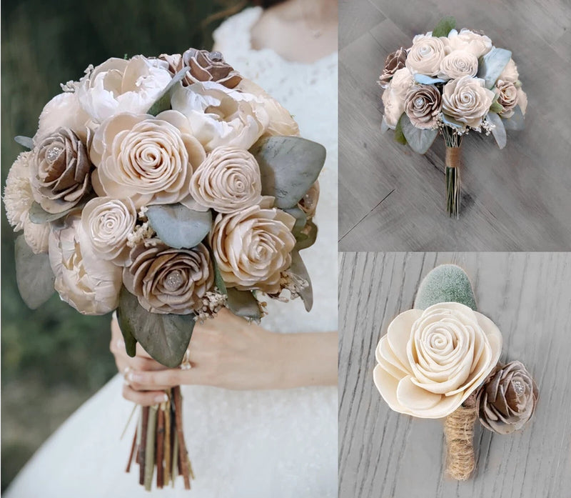 Natural Cream Bridal Bouquet Bark Skin Sola Wood Bridesmaid Wedding Flowers Bouquet