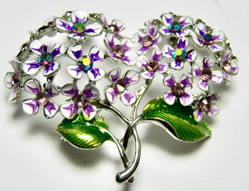 White & Purple Enamel HYDRANGEA PIN Double Flower Head Silvertone New Brooch Hydrangea
