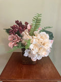 Realistic blooms of hydrangeas and anemone silk arrangement in pink glass cube Hydrangea