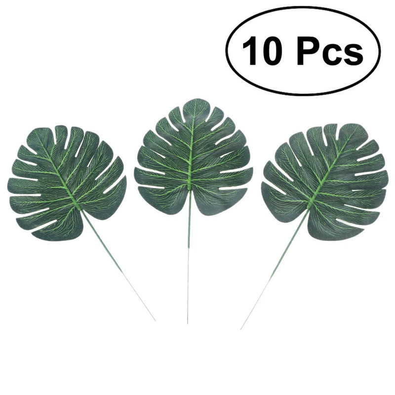 Set of faux green palm leaf decorations on thin stems, 3 leaf picks shown.