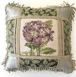Vintage Needlepoint Hydrangea Pillow Fringe Trim Custom Patchwork 20 x 20 down Hydrangea