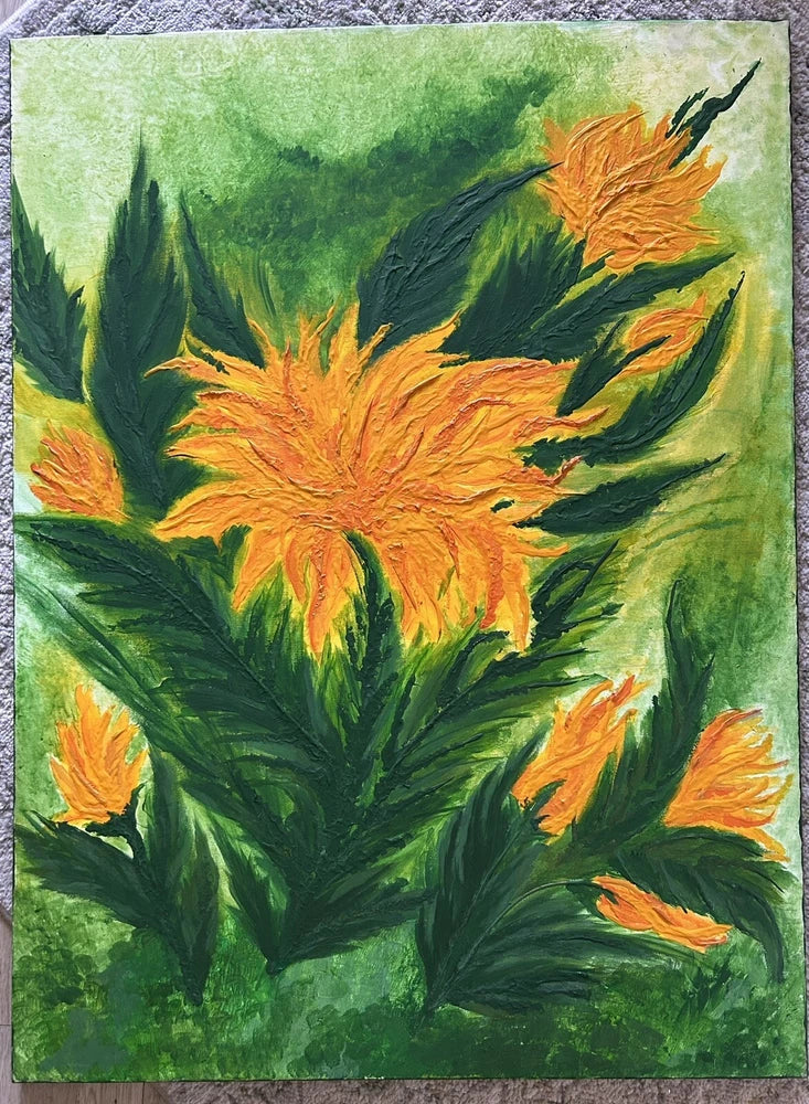 Sunflower acrylic painting on canvas with orange flower and green leaves