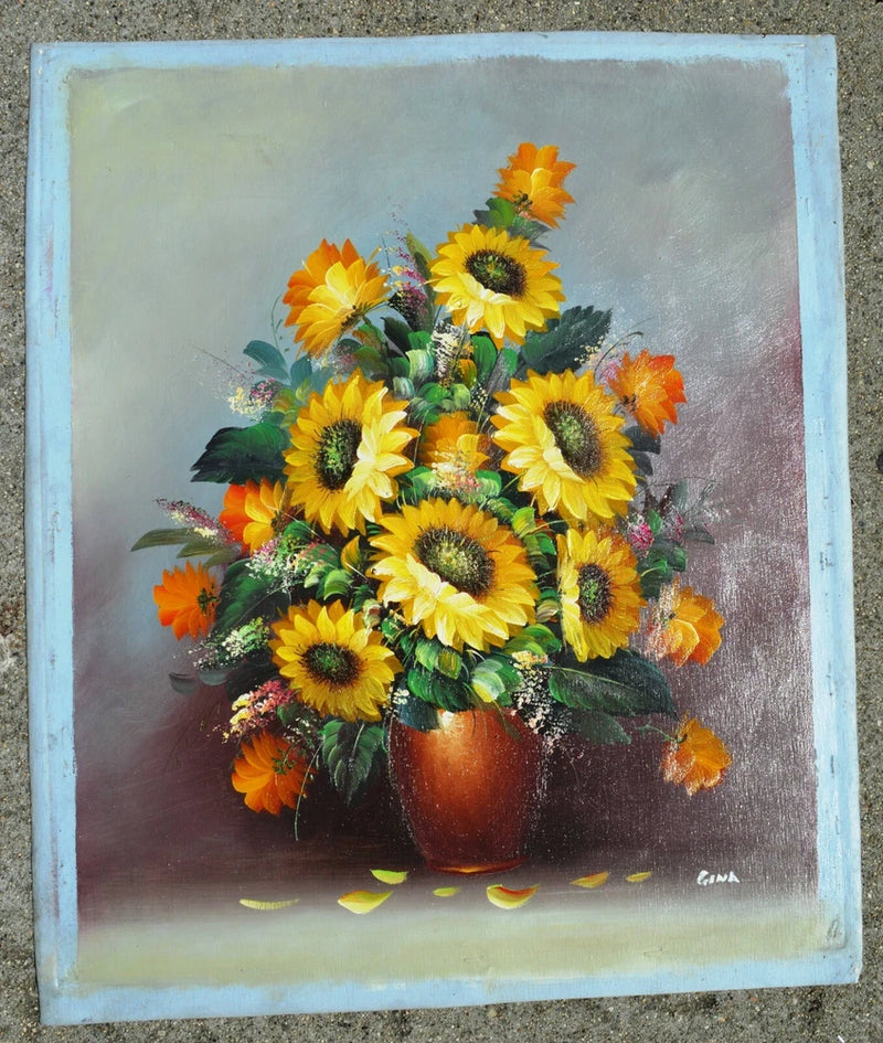 Sunflower bouquet oil painting on square canvas with vase and green leaves
