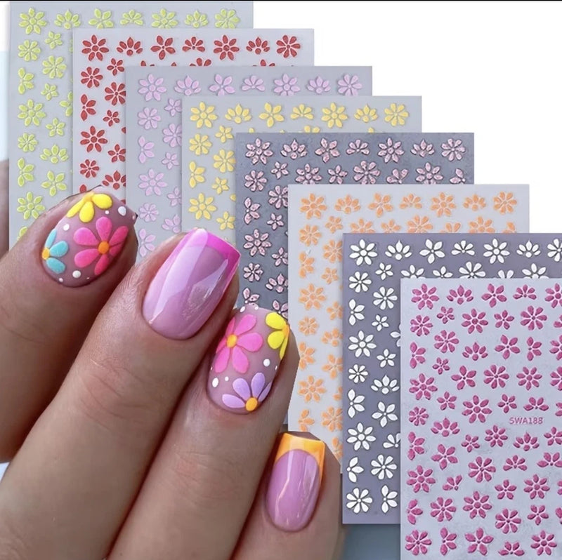 Glittery Flower Nail Stickers Daisy Summer Nail Art Decals Pink Orange SWA188 Daisies