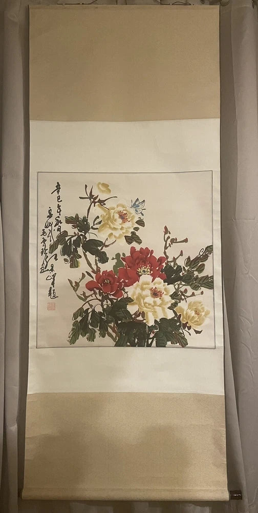 Watercolor hanging scroll painting with peony flowers and black calligraphy on cream paper