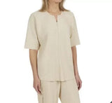 Teddi Rose Ladies Plisse Pleated Top 1/4 Zip Elbow Length Relax Fit Cream Size L Roses