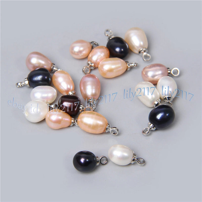 Freshwater drop pearl pendants: black, white, pink, peach teardrops with silver bails