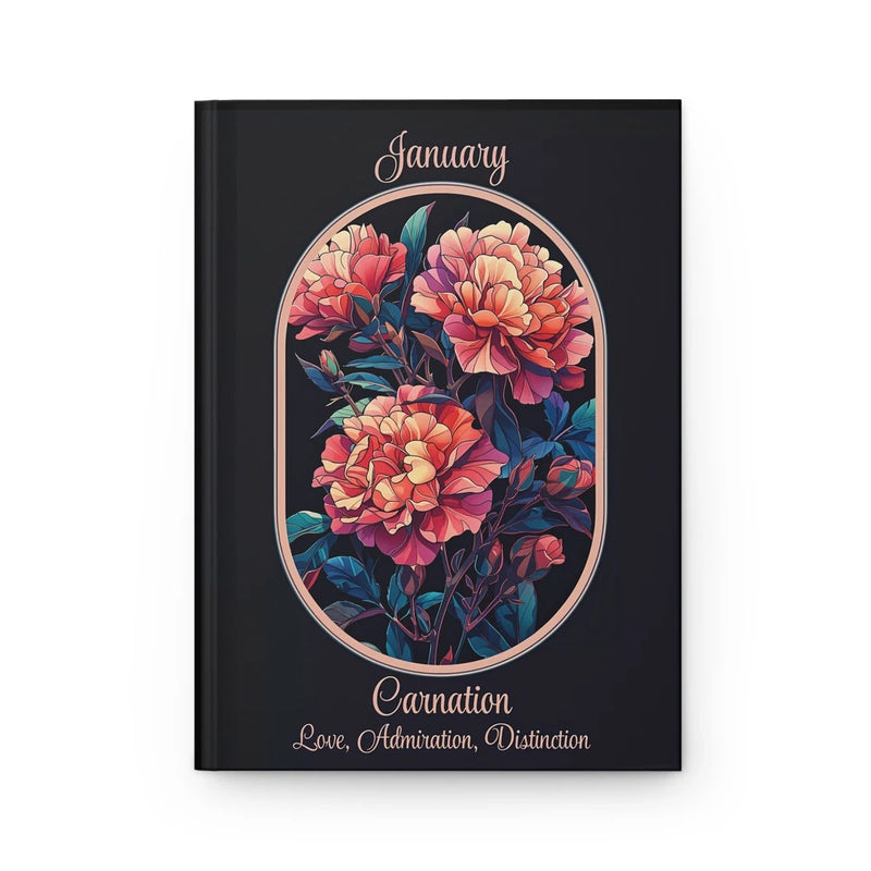 Carnation journal with stained-glass floral cover, 'January' and 'Carnation' text
