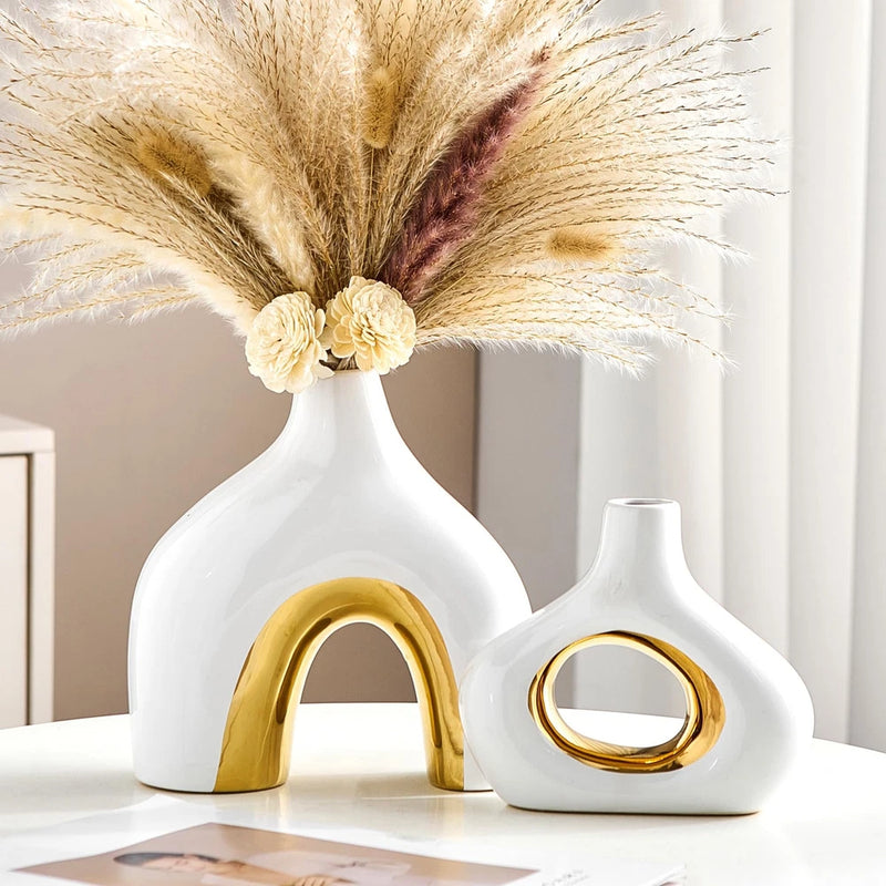 Ceramic Vase Set of 2 White and Gold Vase for Pampas Grass, Modern Donut Vase... Pampas Grass